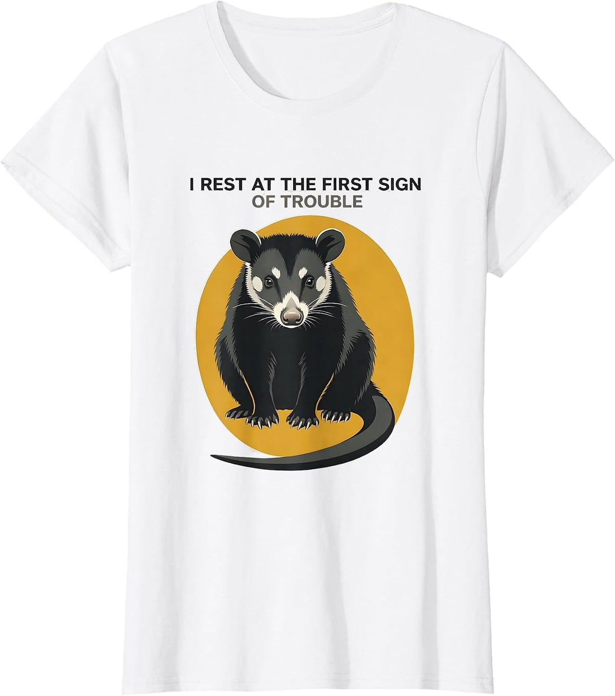 I Rest At The First Sign Of Trouble Funny Opossum Deadpan T-Shirt - White