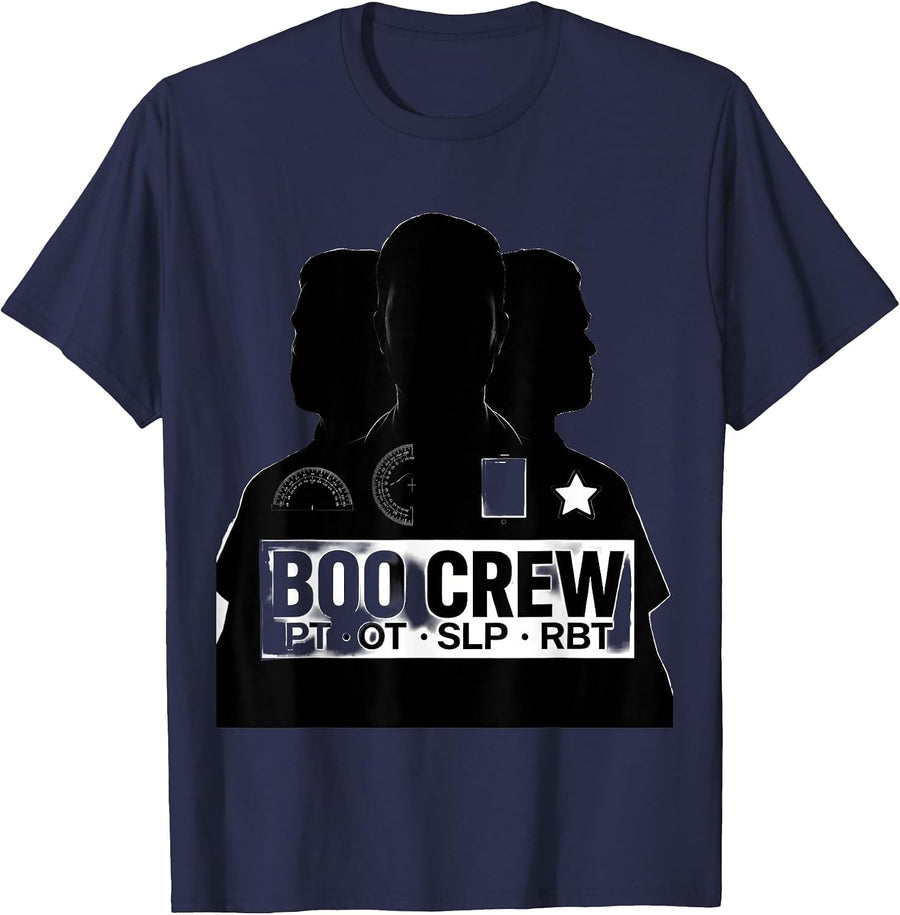 Boo Crew: PT OT SLP RBT Funny Therapy Halloween Crew T-Shirt - Navy Blue