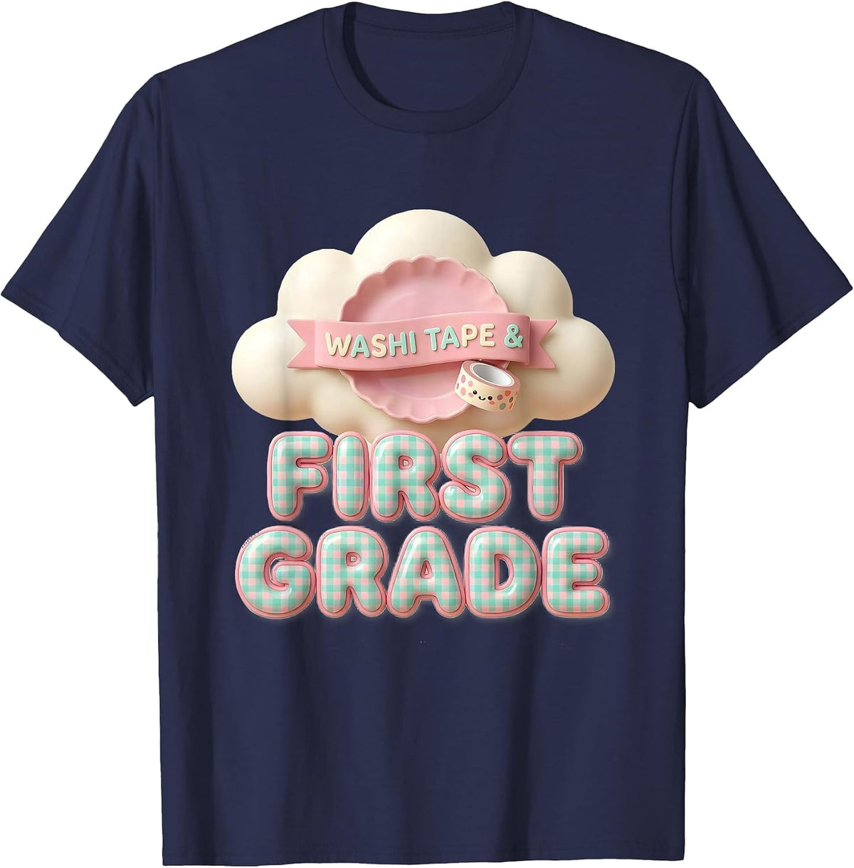 Men's Washi Tape & First Grade Cute Kawaii Checkered Girl Teacher T-Shirt - Navy Blue