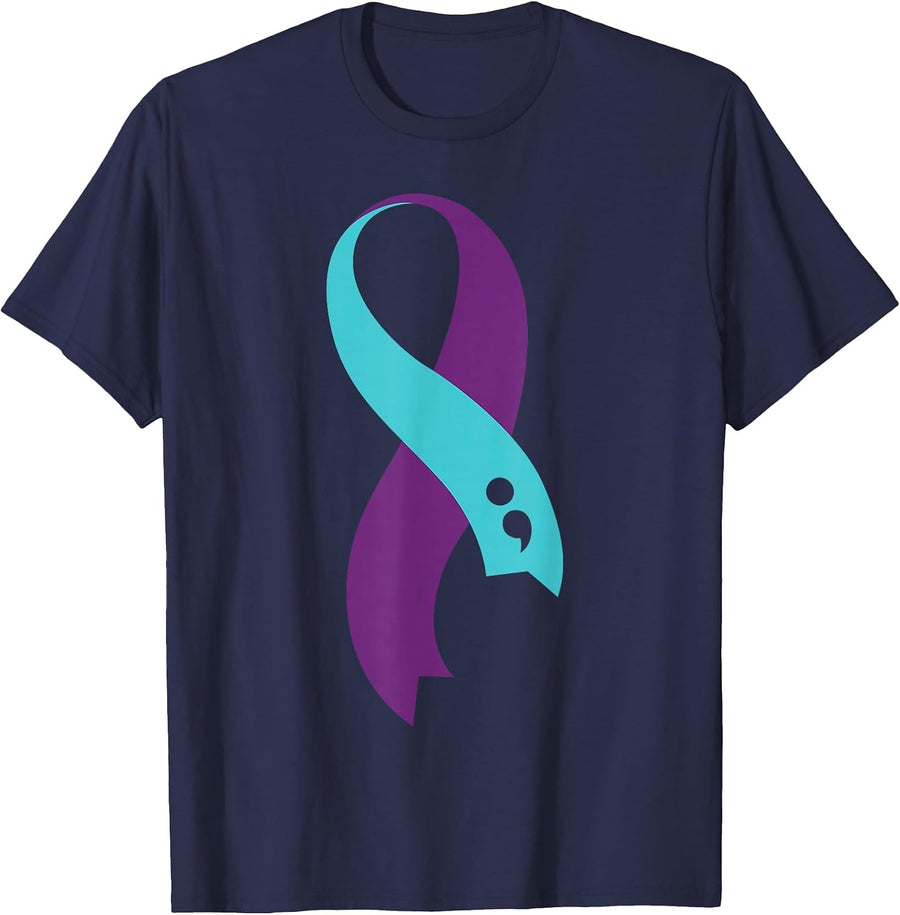 Teal Purple Ribbon Semicolon Suicide Prevention Awareness T-Shirt - Navy Blue