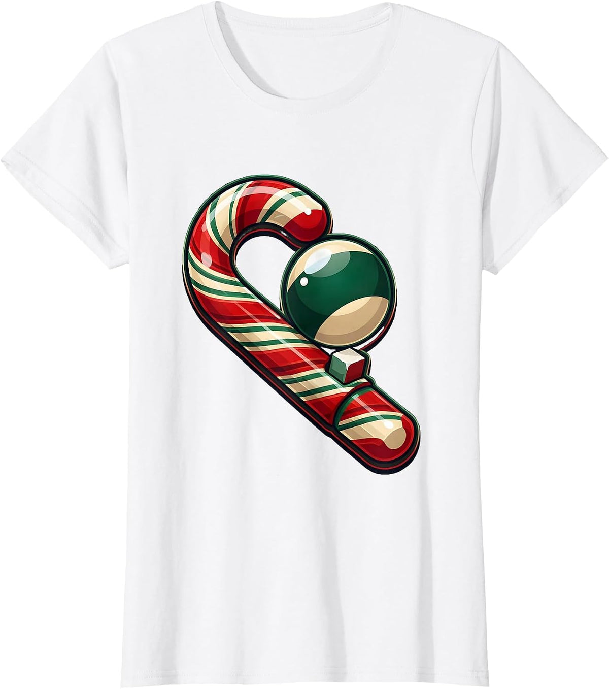 Women's Candy Cane Pool Cue Billiards Player Christmas Novelty T-Shirt - White