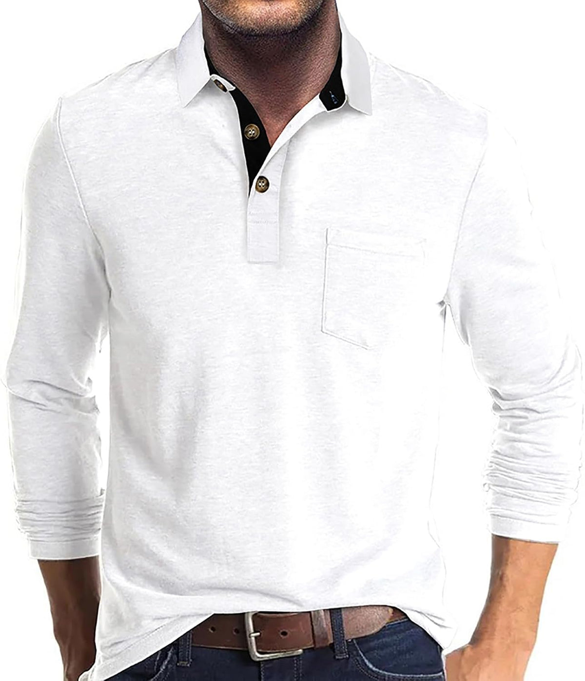Men's Long Sleeve Polo Shirt Contrast Collar Button Golf Casual Top - White