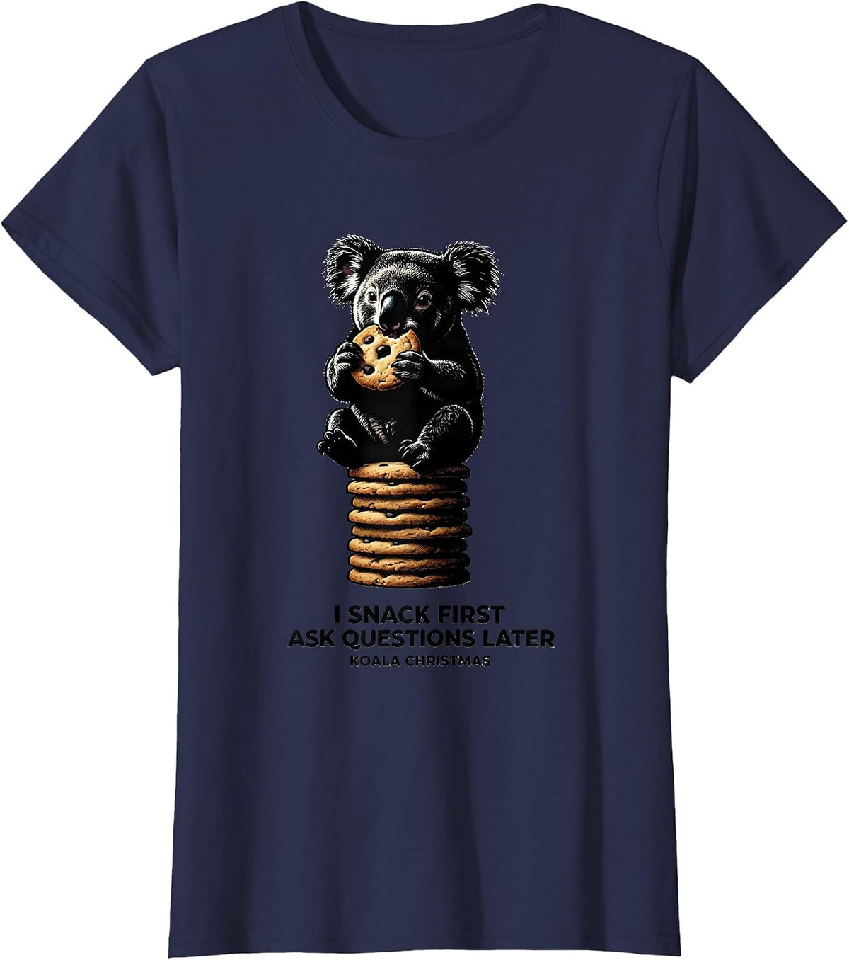 Women's I Snack First, Ask Questions Later Koala Christmas Cute T-Shirt - Navy Blue