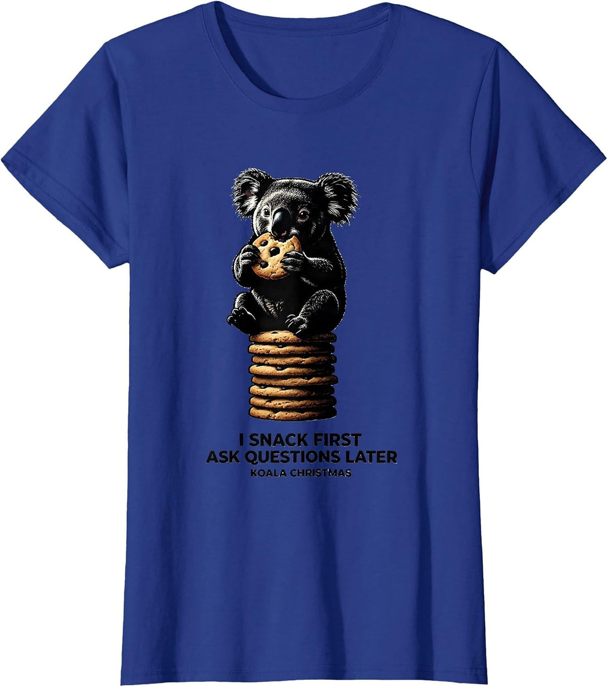 Women's I Snack First, Ask Questions Later Koala Christmas Cute T-Shirt - Royal Blue