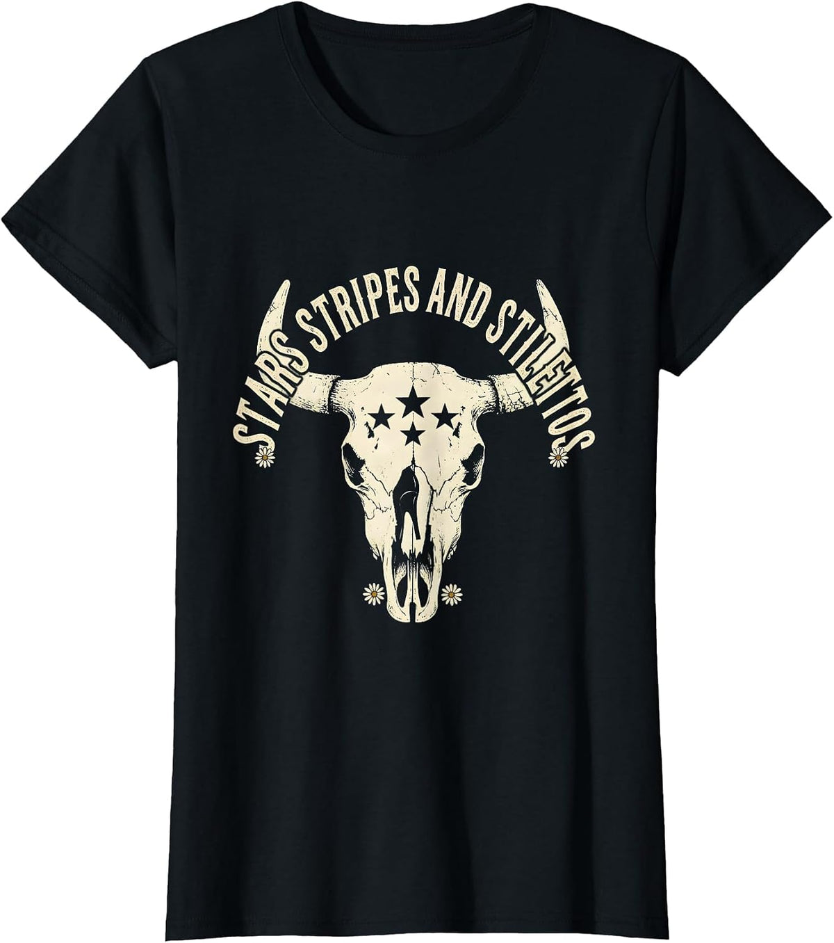 Women's Stars Stripes and Stilettos Patriotic Design T-Shirt - Black