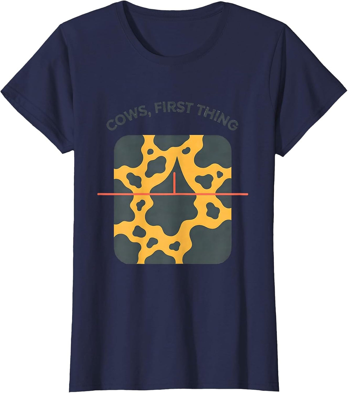 Women's Cows, First Thing Funny Cow Print Cow Lover Animal Graphic T-Shirt - Navy Blue