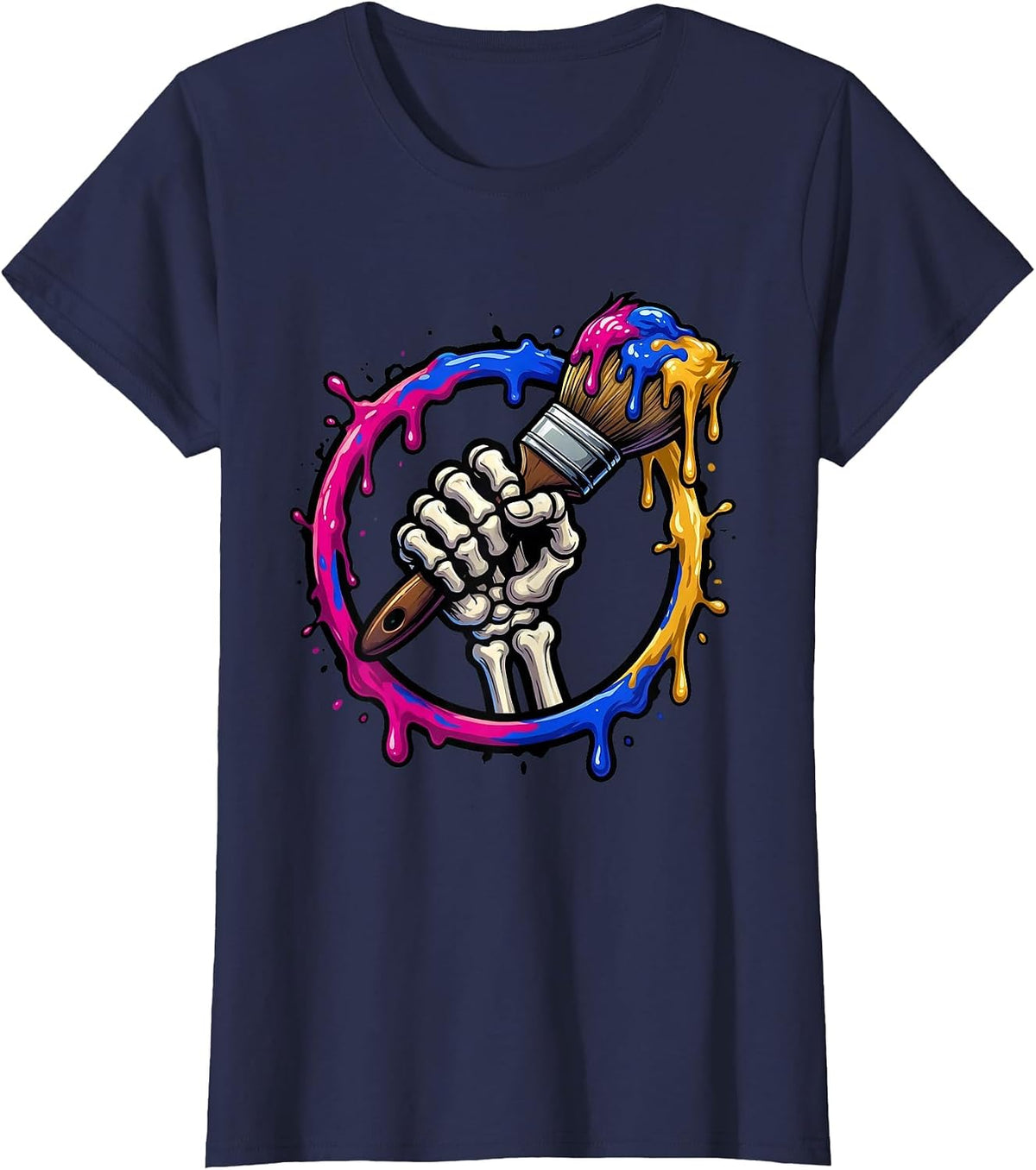 Women's Skeleton Hand Paintbrush Art Teacher Graphic T-Shirt - Navy Blue