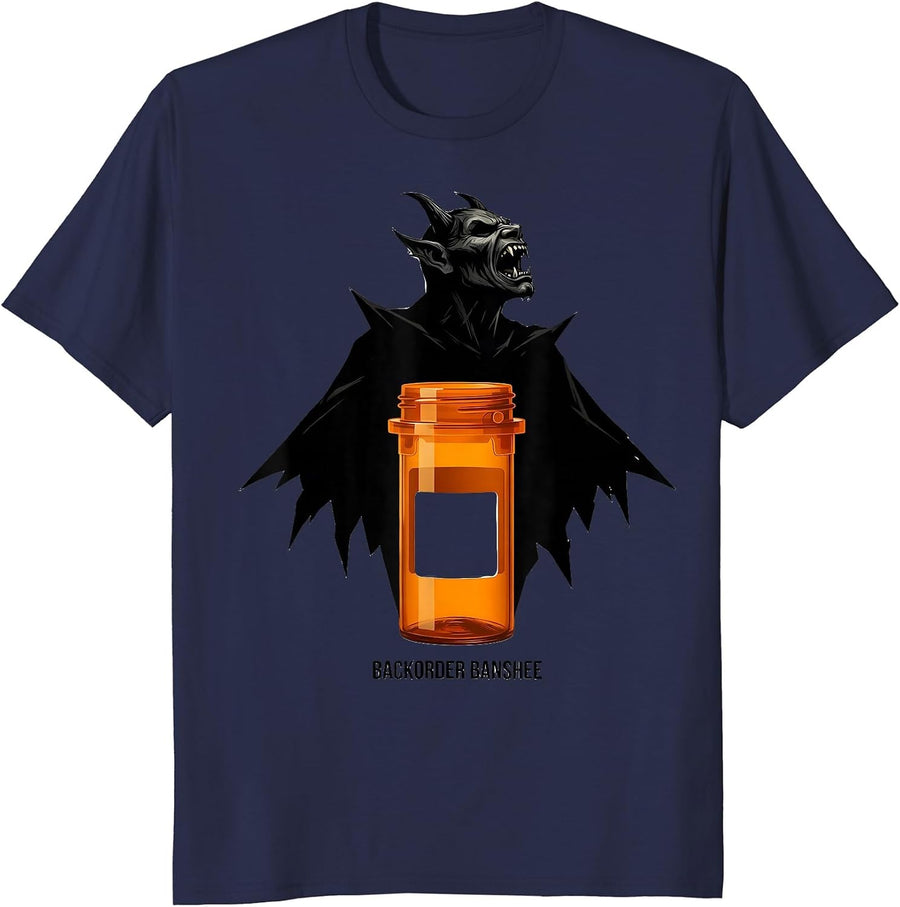 Backorder Banshee Stencil Graphic Pharmacy Halloween T-Shirt - Navy Blue