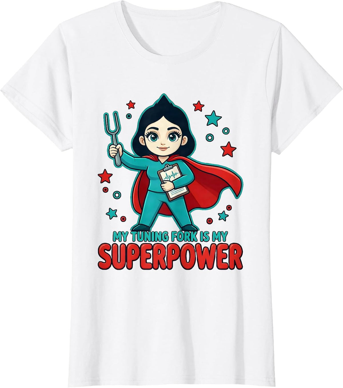 Women's MY TUNING FORK IS MY SUPERPOWER Cartoon Audiologist Gift T-Shirt - White