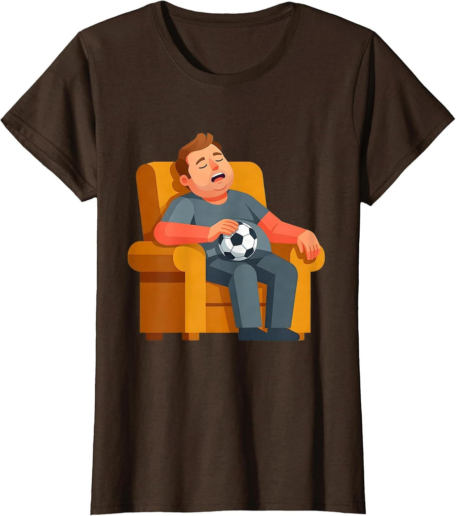 Women's Soccer Dad Napping With Ball Funny Illustration T-Shirt - Brown