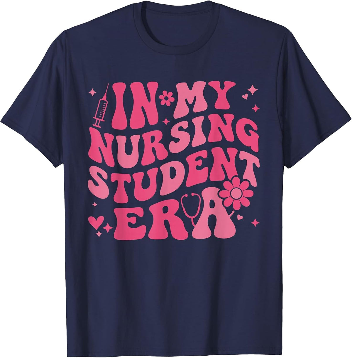 in My Nursing Student Era Groovy Nursing School Student RN T-Shirt - Navy Blue