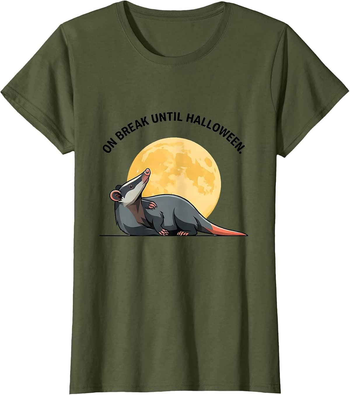 Women's On Break Until Halloween Whimsical Spooky Opossum Halloween T-Shirt - Olive Green