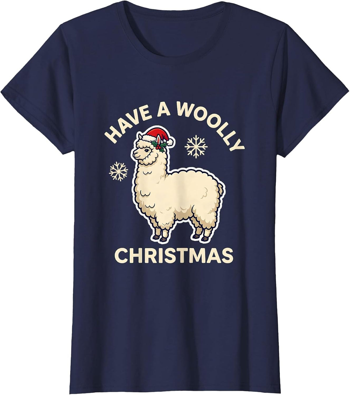 Women's Have A Woolly Christmas Funny Llama Fleece Navidad Ugly T-Shirt - Navy Blue