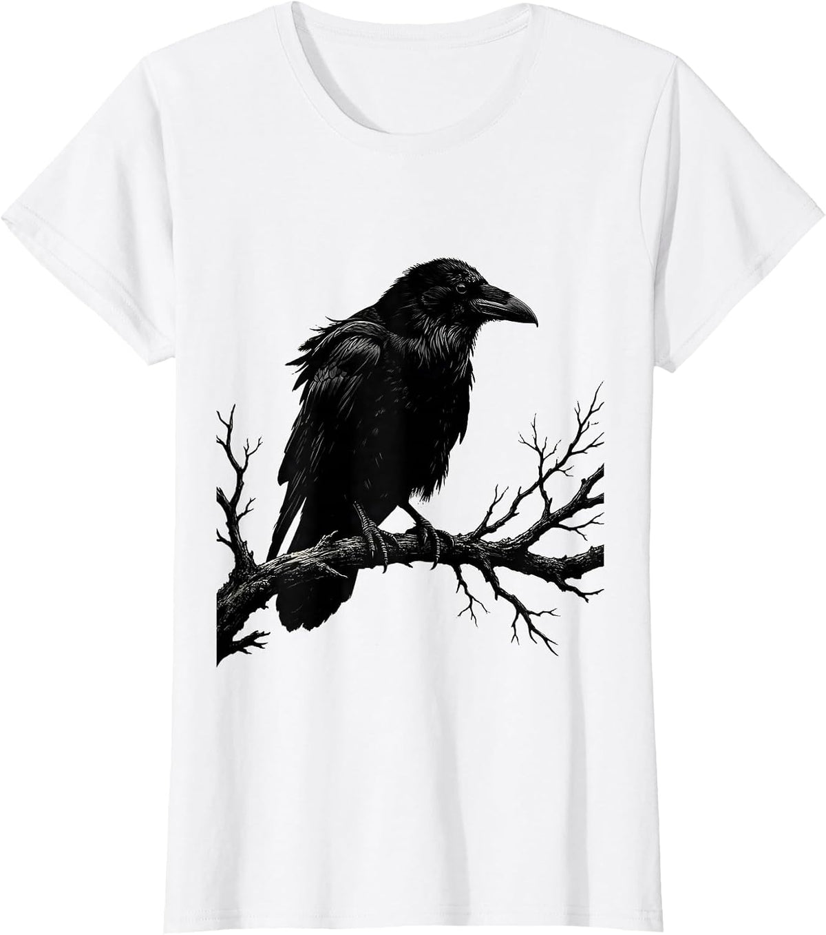 Hooded Crow on Winter Branch Nature Illustration T-Shirt - White