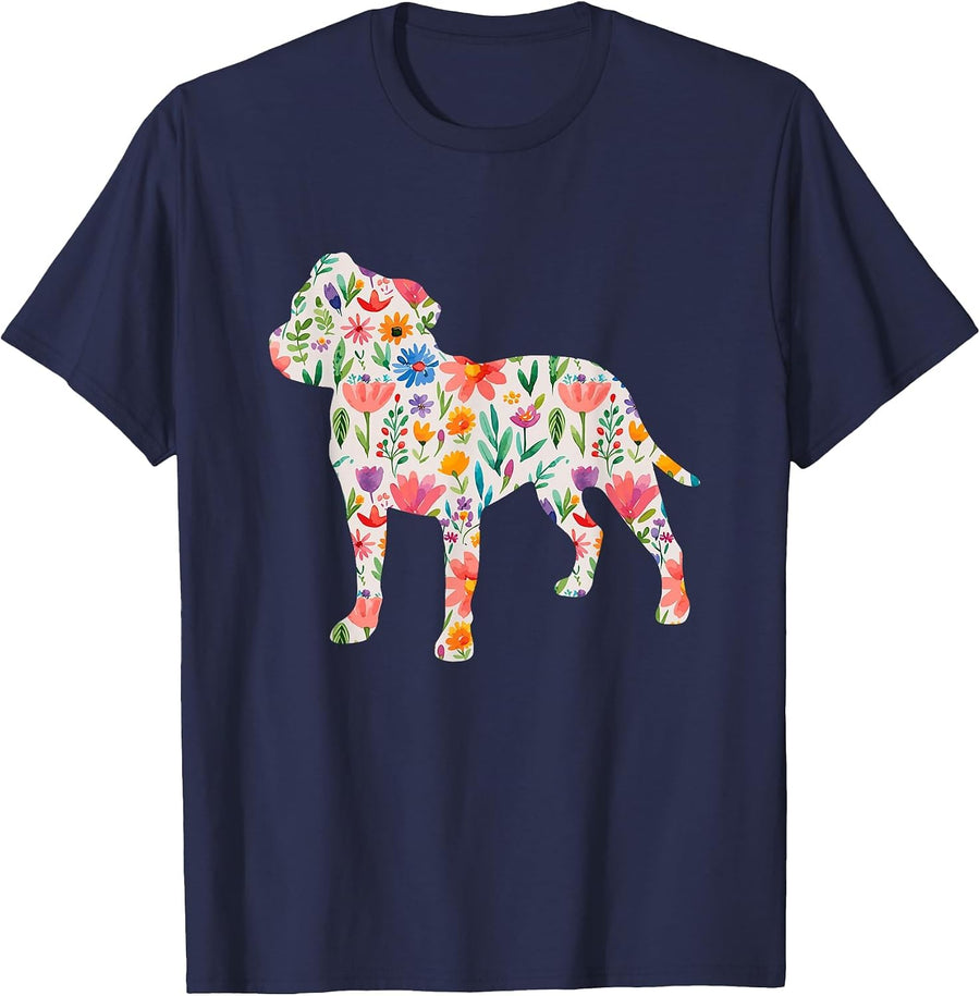 Staffordshire Bull Terrier Watercolor Flowers Design T-Shirt - Navy Blue