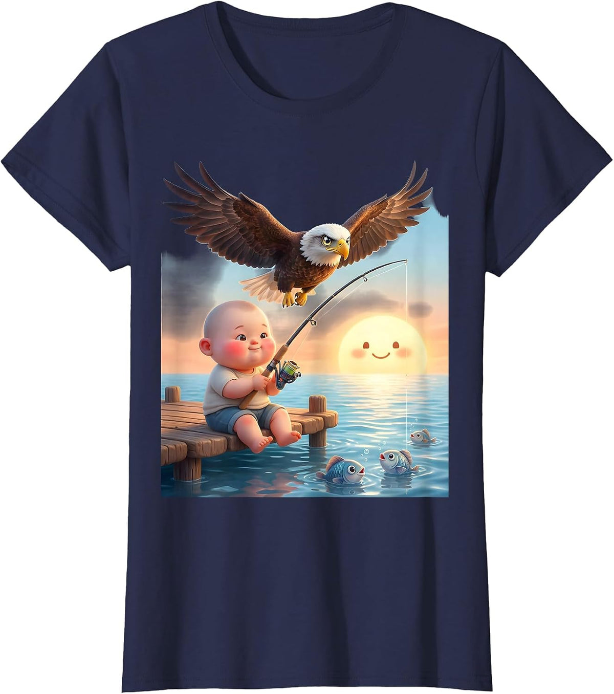 Women's Patriotic Kids Fishing at Sunset Eagle Design T-Shirt - Navy Blue