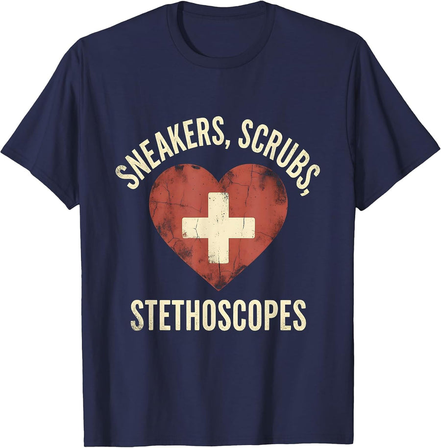 Sneakers Scrubs and Stethoscopes School Nurse T-Shirt - Navy Blue