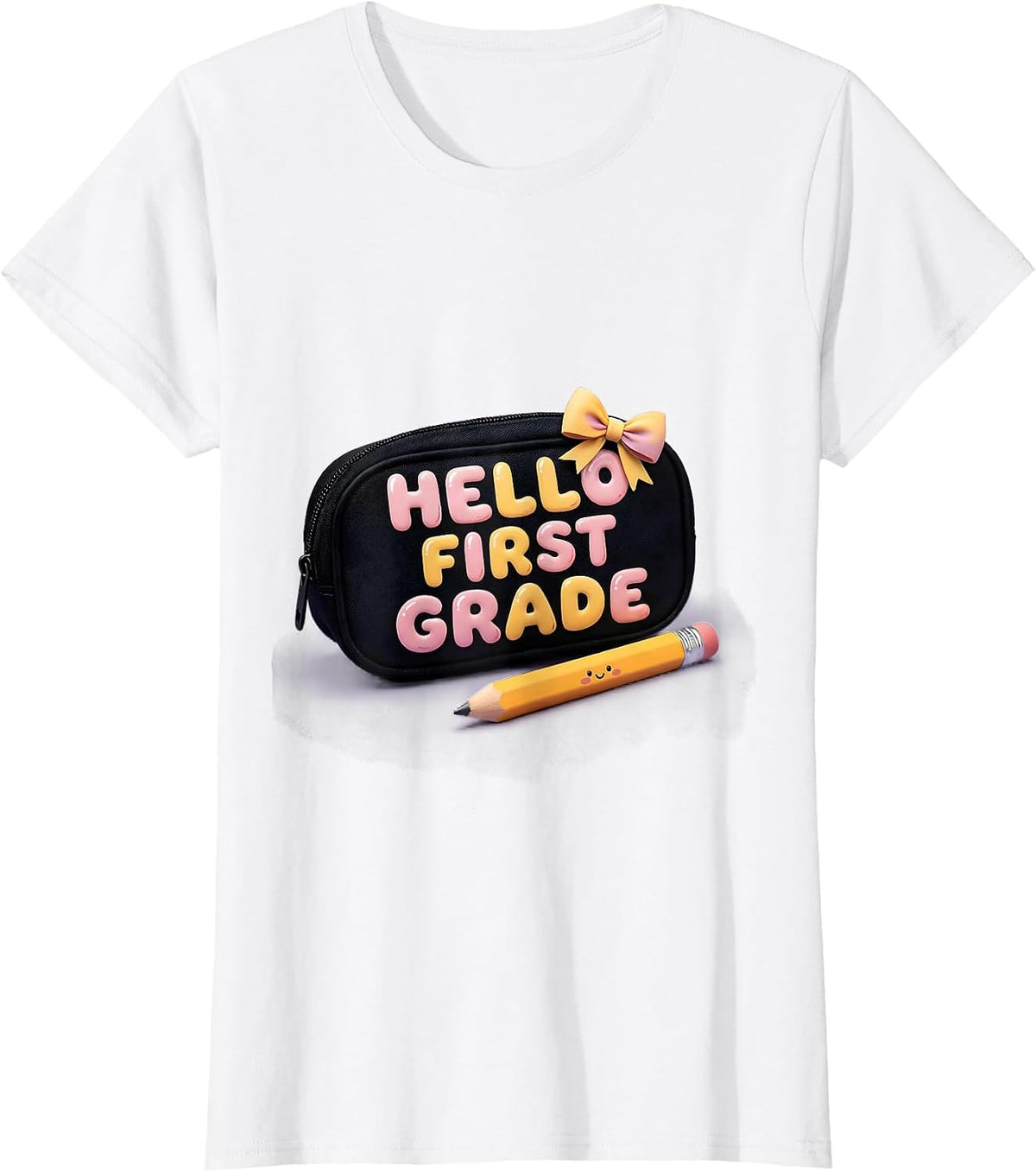 Women's Hello First Grade Cute Kawaii Bow Back To School Pencil T-Shirt - White
