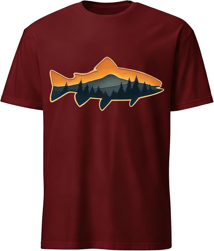 Men's Trout Fly Fishing Shirt Outdoor Sunset Forest Nature Wildlife Fisherman T-Shirt for Fishing Lover - Crew Neck Claret