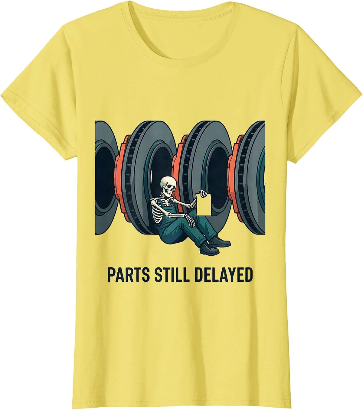 PARTS STILL DELAYED Funny Mechanic Skeleton Auto Repair T-Shirt - Lemon Yellow
