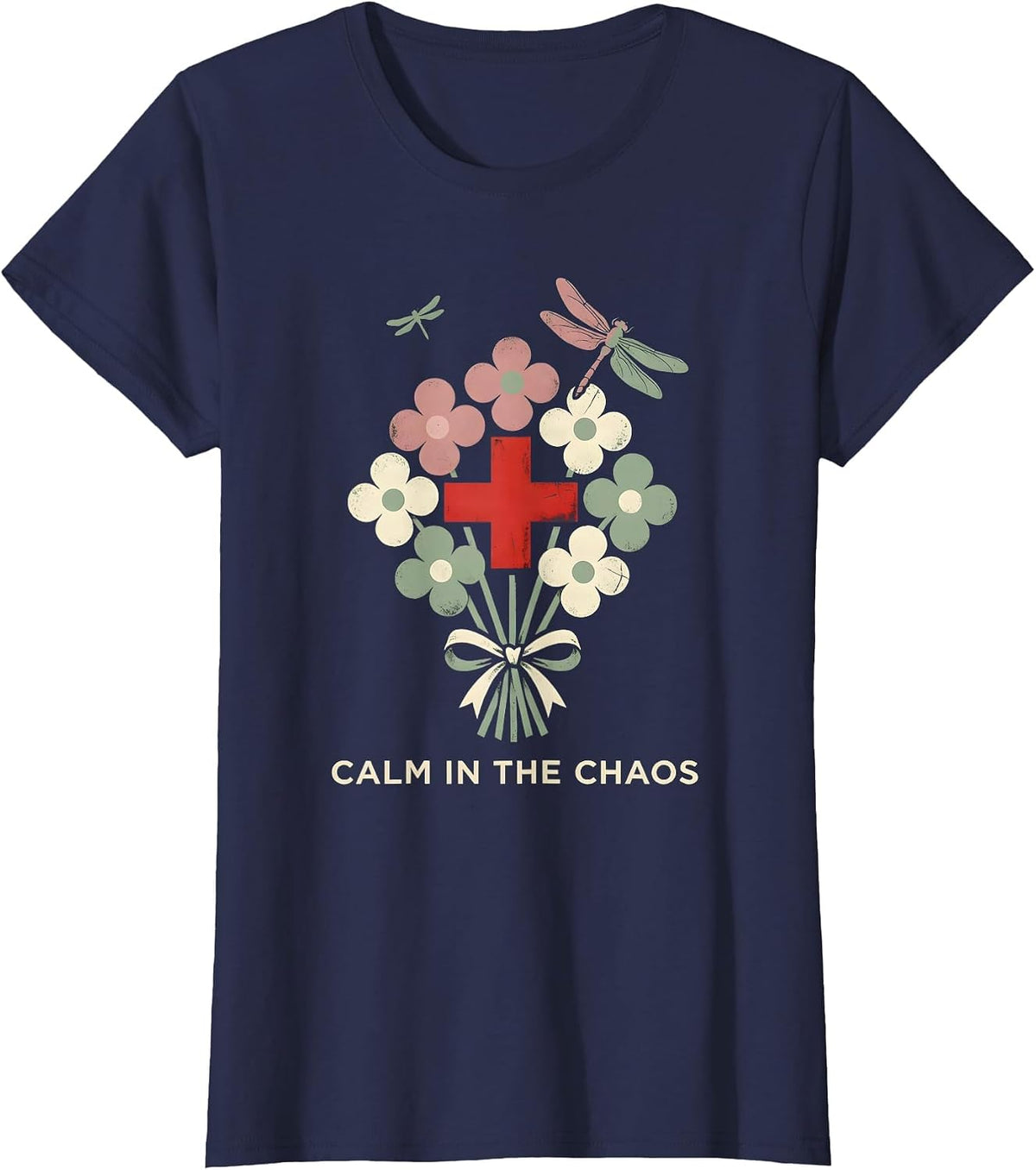 Women's School Nurse Calm in the Chaos Design T-Shirt - Navy Blue