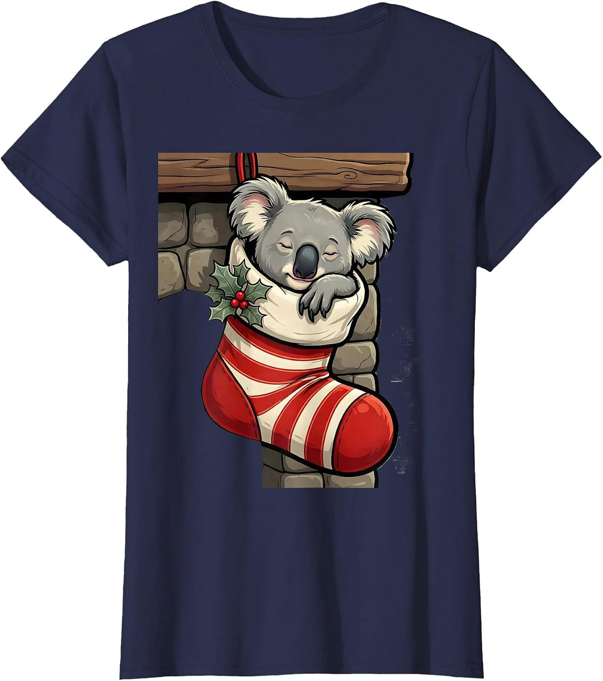 Women's Koala In Christmas Stocking Cartoon Funny Novelty T-Shirt - Navy Blue