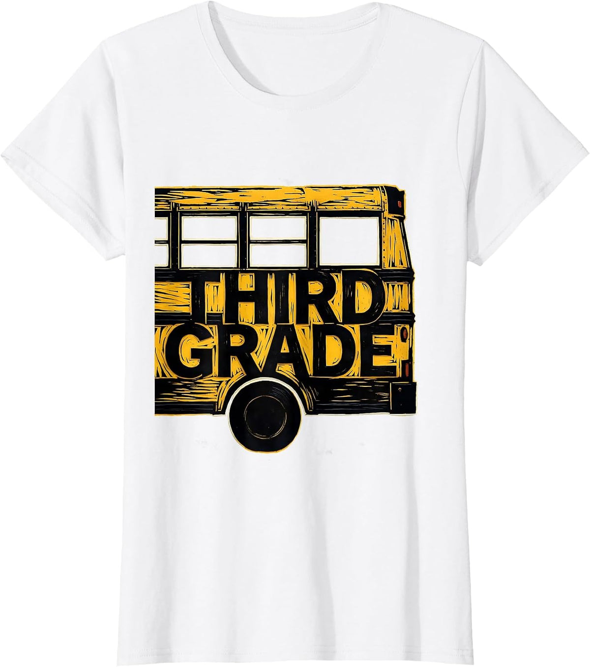 Third Grade Linocut School Bus Teacher Student First Day T-Shirt - White