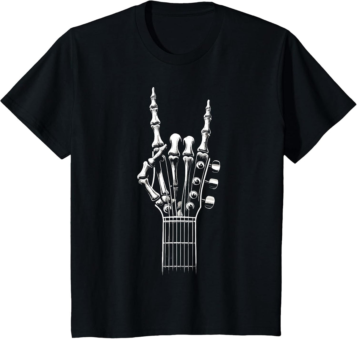 Guitar Skeleton Hand Sign Retro Rock and Roll T-Shirt - Black