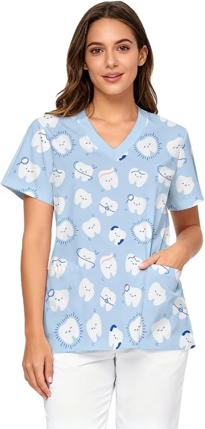 V-Neck Scrub Tops for Women, Soft Stretch Fabric & Short Sleeve Nurse Shirts with 2 Pockets - Light Blue - Cute Teeth &