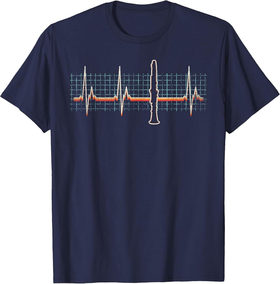 Clarinet Heartbeat Retro Vintage 80s Style T-Shirt - Navy Blue