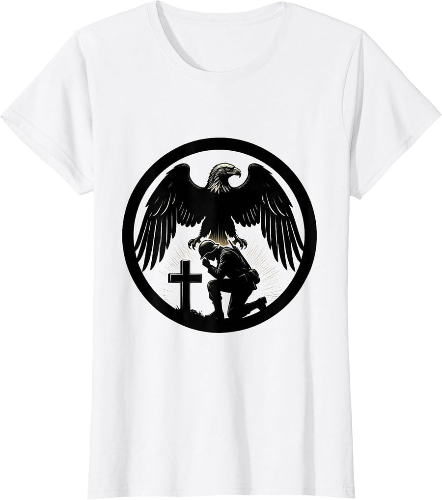 Women's God Family Country Soldier Kneeling Memorial T-Shirt - White