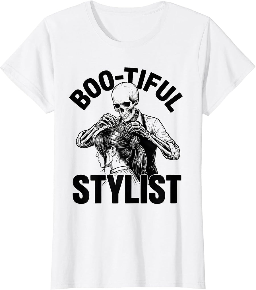 Women's Boo-tiful Stylist Funny Skeleton Hairstylist Halloween T-Shirt - White