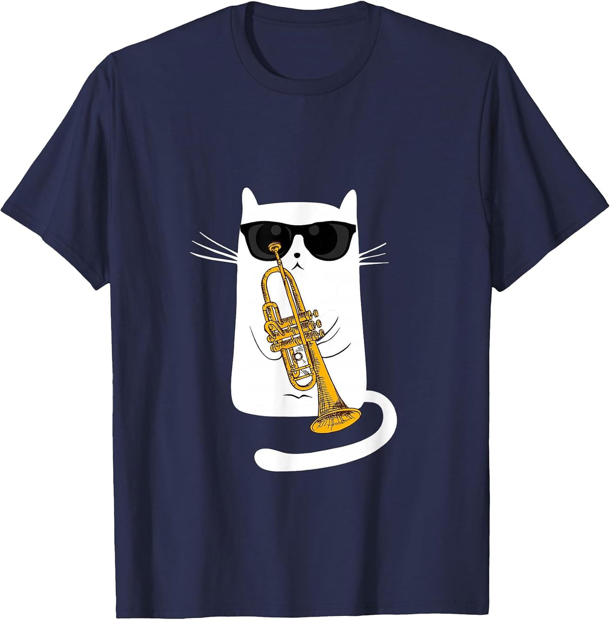 Jazz Cat Playing Trumpet - Hippy Hipster Kitty T-Shirt - Navy Blue