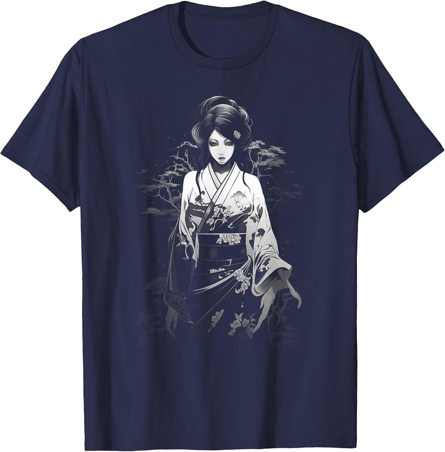 Japanese Cyberpunk Women Geisha T-Shirt - Navy Blue
