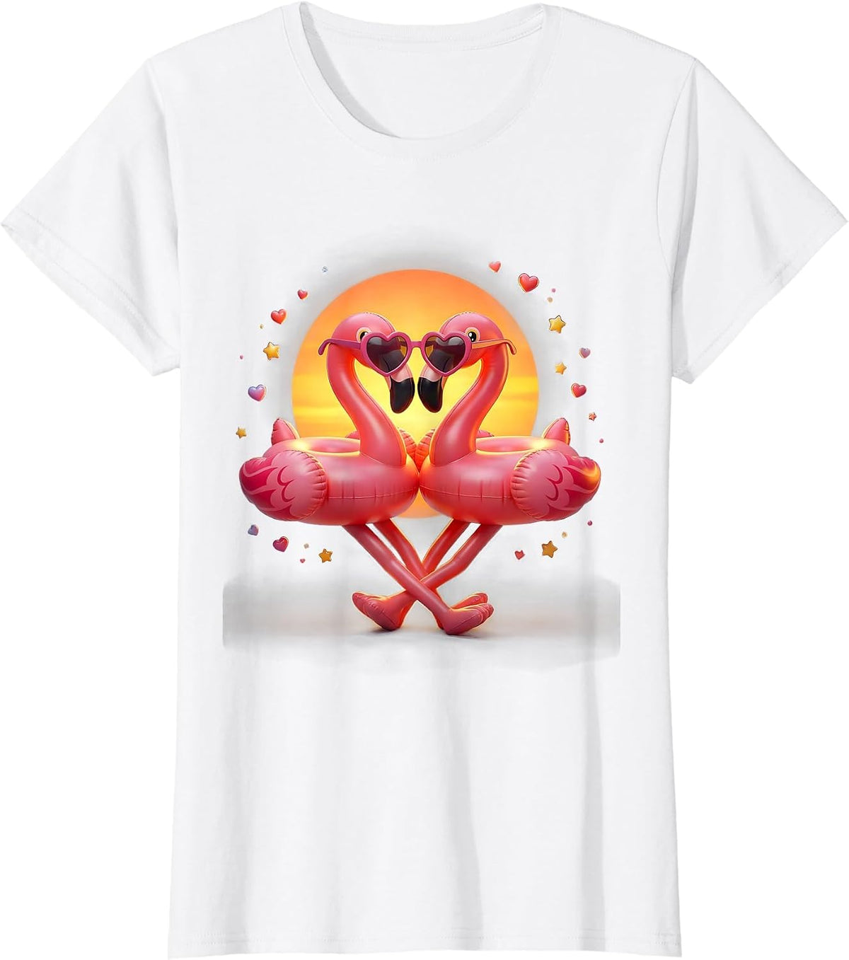 Pink Flamingo Heart Sunglasses Summer Vacation Party T-Shirt - White