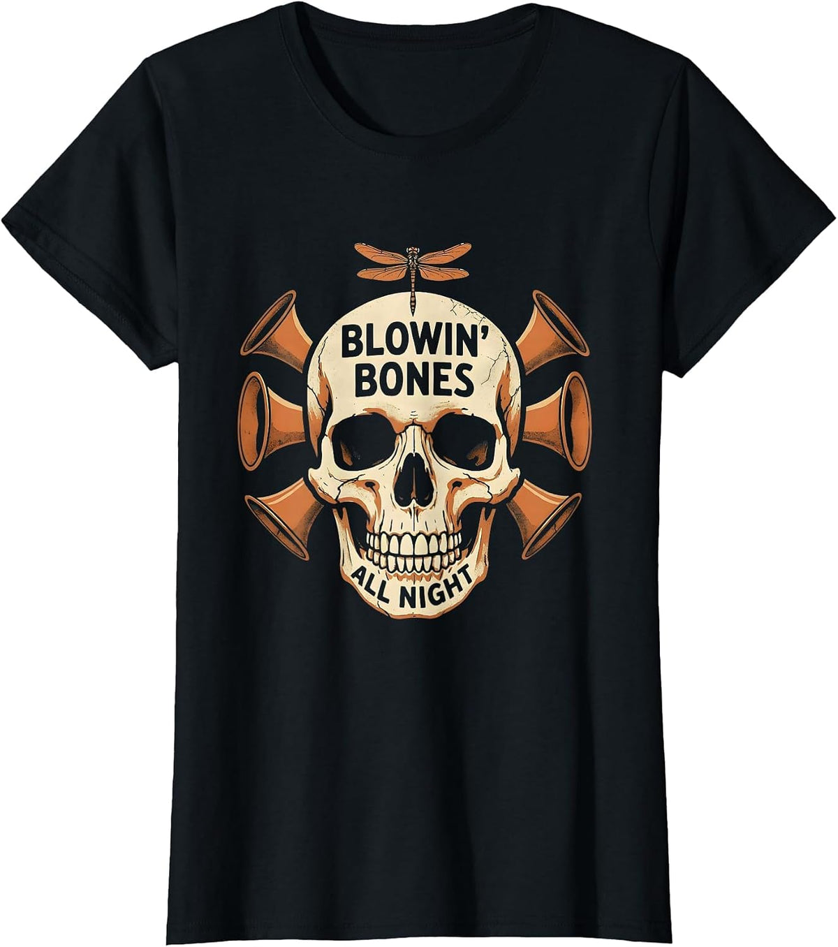 Women's Halloween Skeleton Trumpet Jazz Solo Design T-Shirt - Black