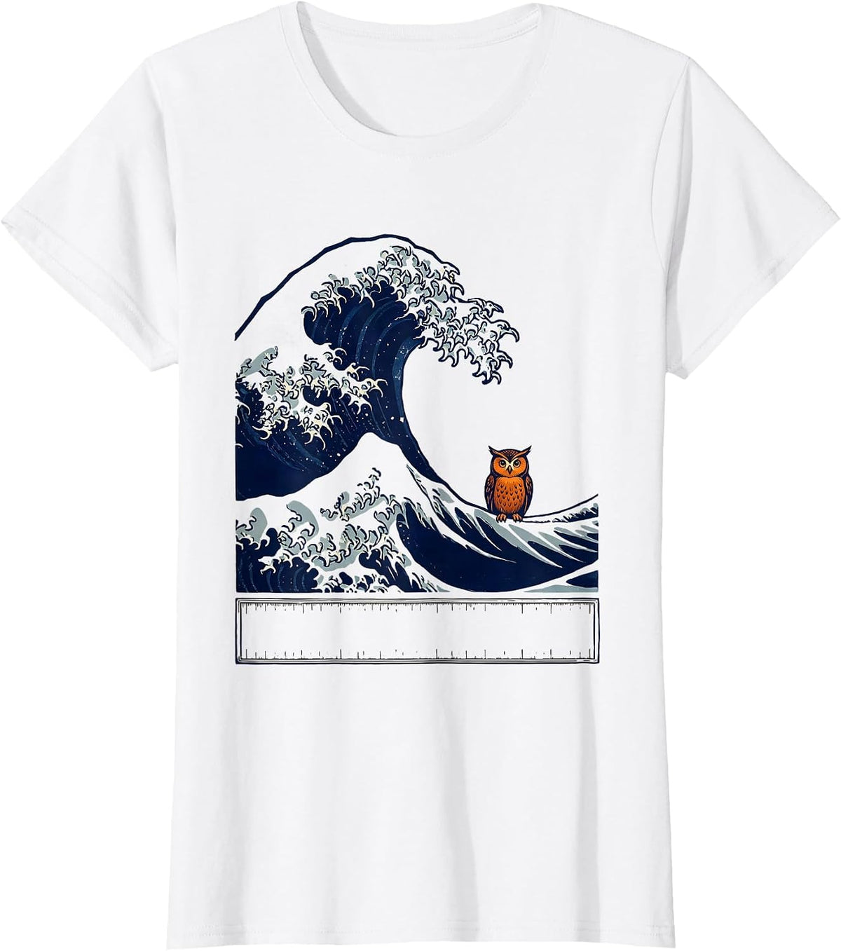 Women's Wave Owl Animal Parody Japanese Art Graphic T-Shirt - White