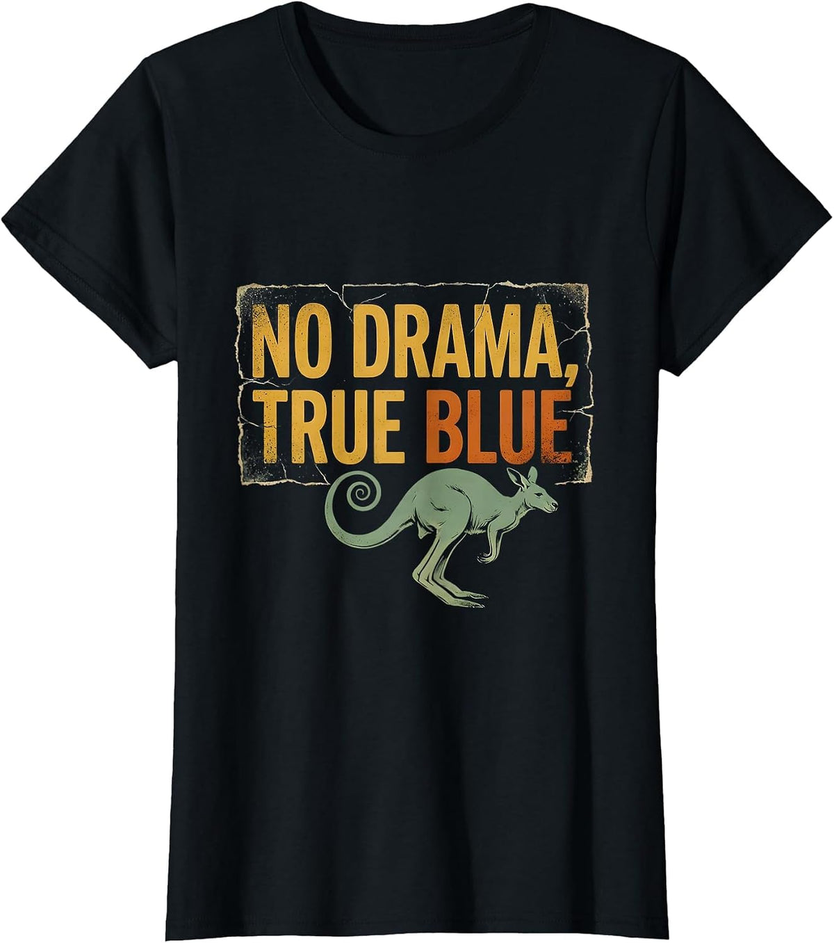 No Drama, True Blue Distressed Kangaroo Australian National T-Shirt - Black