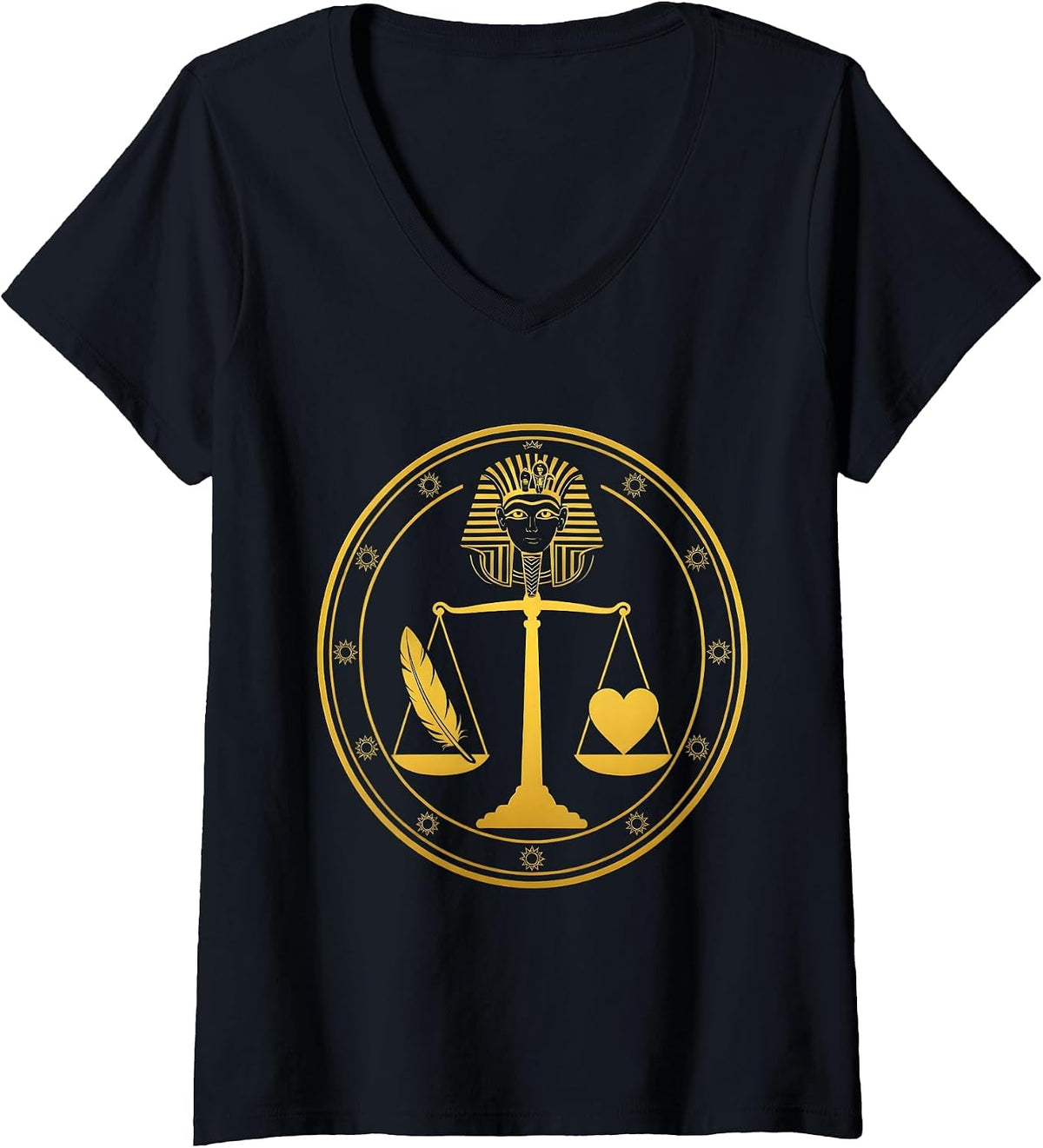 Women's Ancient Scales Feather and Heart Balance Design V-Neck T-Shirt - Black