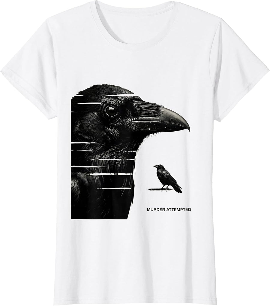 Women's Murder Attempted Minimalist Crow Humor Bird Lover Dark Pun T-Shirt - White