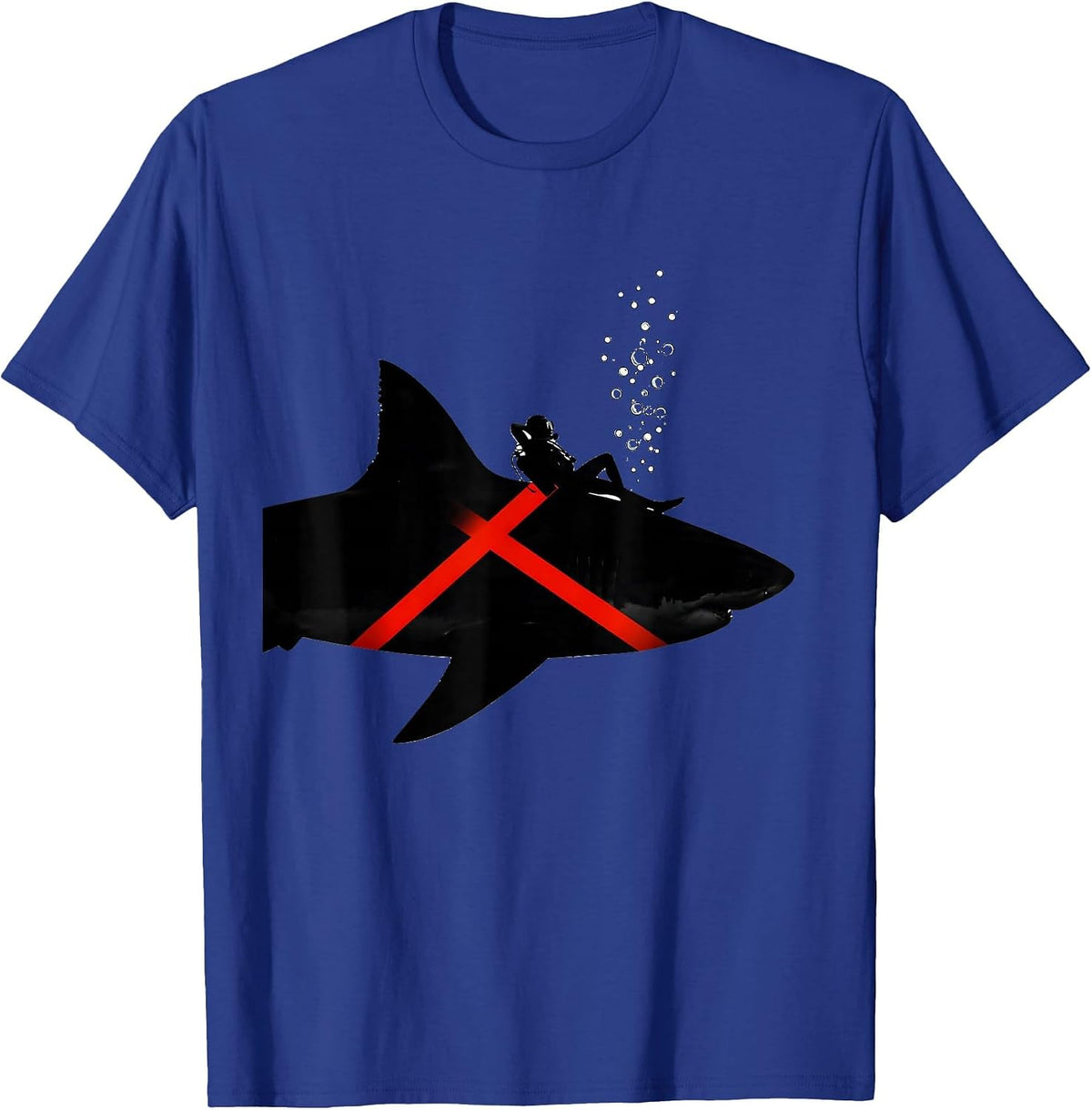 Men's Shark With Diver Silhouette Scuba Diving Humor T-Shirt - Royal Blue