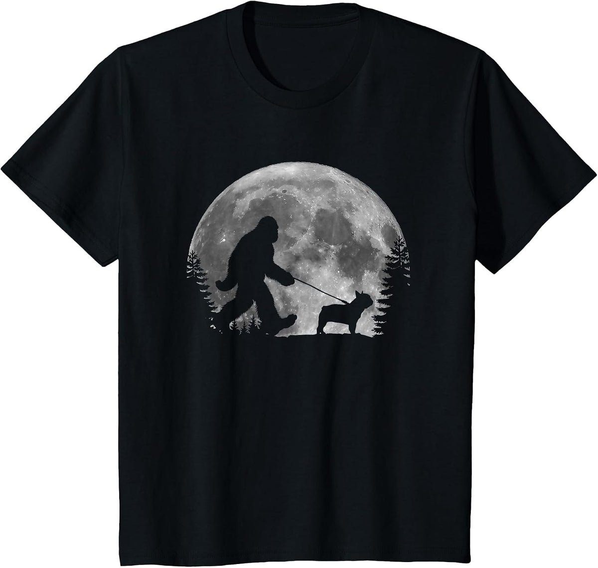 Bigfoot Walking a Dog Funny Frenchie Lovers Moon Halloween T-Shirt - Black