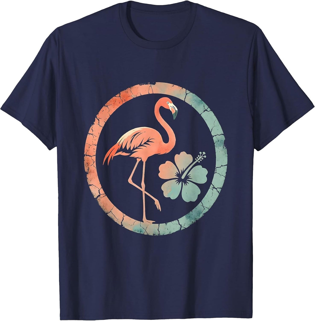 Men's Flamingo Balancing on One Leg at Sunset T-Shirt - Navy Blue