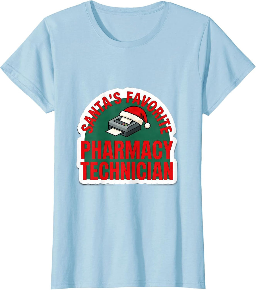 Women's Santa's Favorite Pharmacy Technician Funny Christmas Medical T-Shirt - Baby Blue
