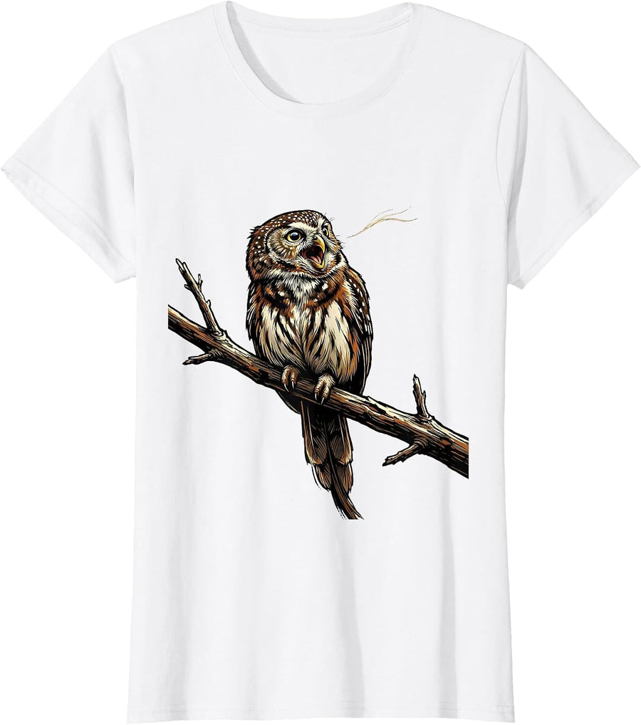 Women's Northern Pygmy-Owl Vintage Bird Lover Whimsical T-Shirt - White