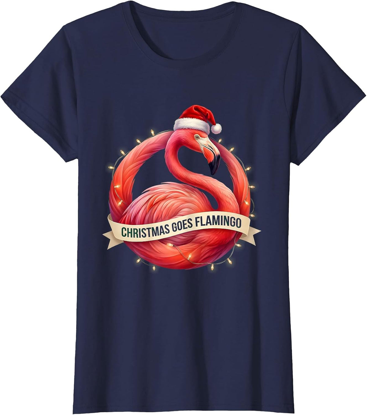 Women's Christmas Goes Flamingo Gradient Whimsical Holiday Humor T-Shirt - Navy Blue