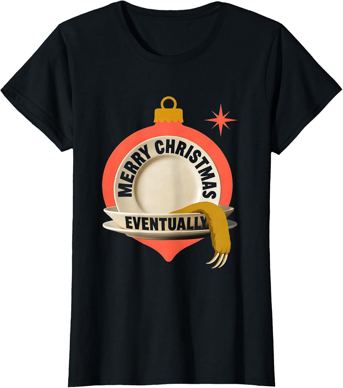 Women's Merry Christmas, Eventually Midcentury Modern Sloth Lover T-Shirt - Black