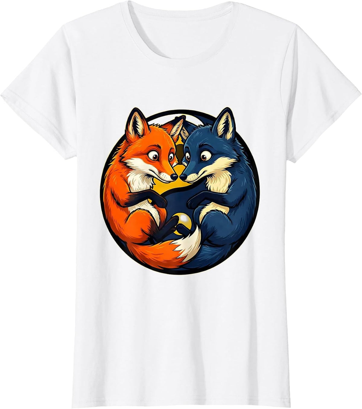 Twin Fox Yin Yang Balance Graphic Design T-Shirt - White