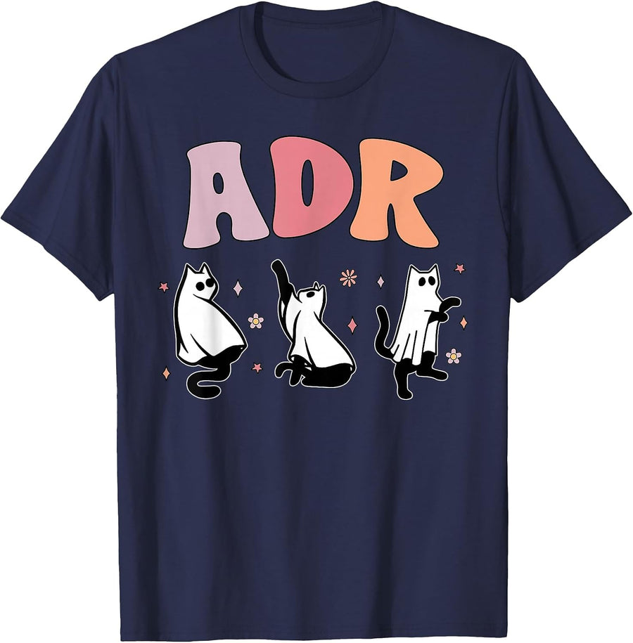 ADR Cat Ghost Vet Tech Halloween Medicine Veterinary Spooky T-Shirt - Navy Blue