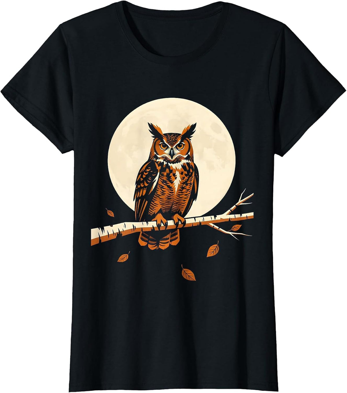 Women's Owl on Birch Branch Autumn Night Illustration T-Shirt - Black